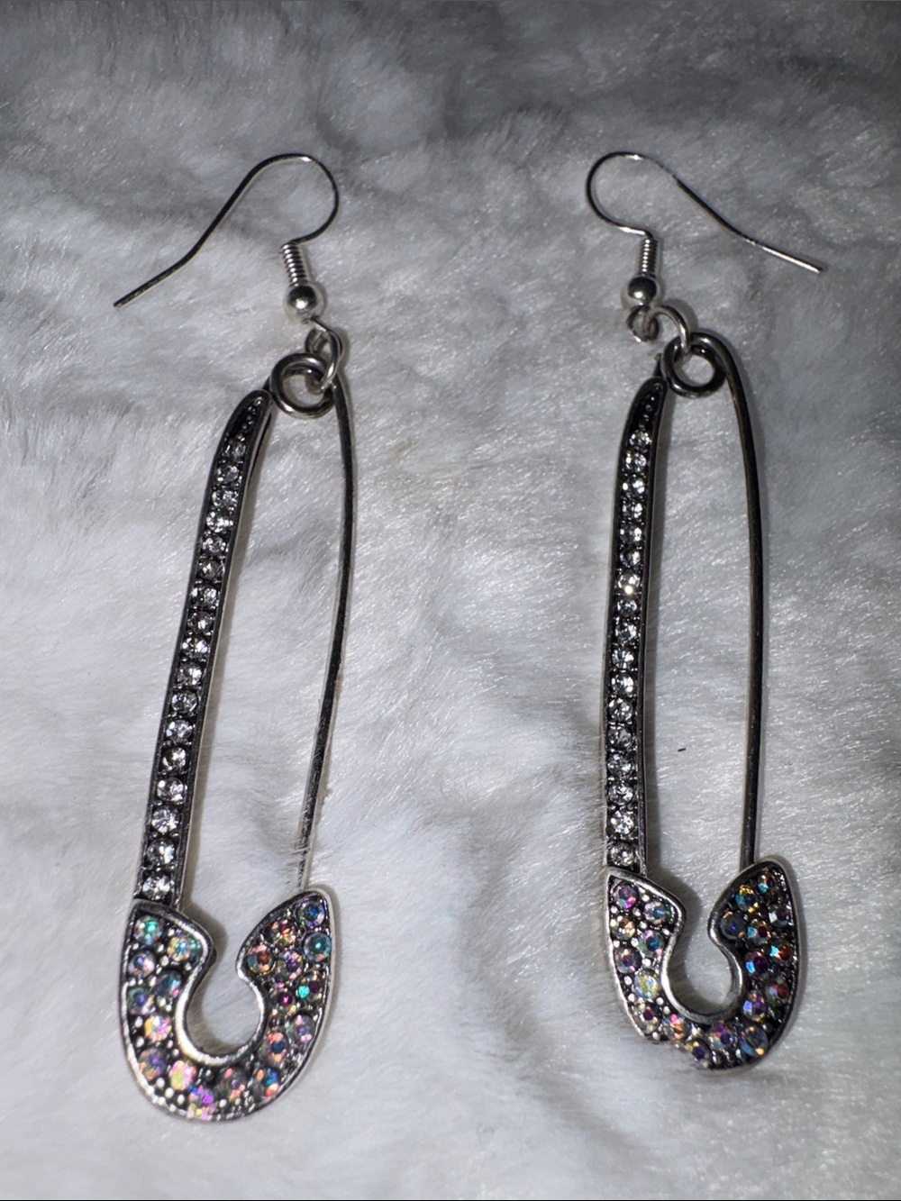 Silver-Tone Crystal Safety Pin Dangle Earrings - Iridescent Accent